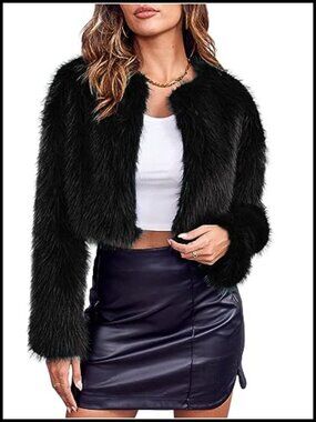Womens Cropped Faux Fur Jacket Long Sleeve Fluffy Shaggy Short Coat Open Front